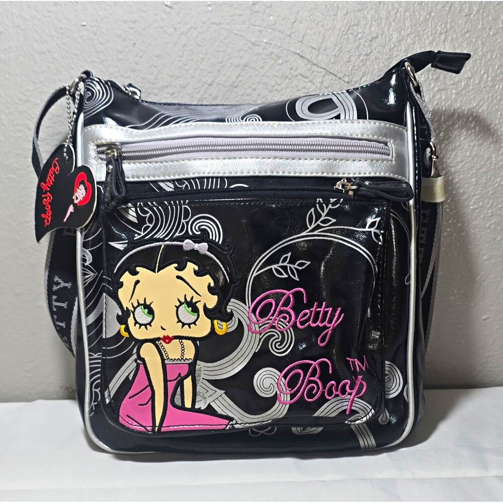 Betty Boop Black Silver Patent Crossbody Bag Purse Y2K Graphic Print Zip Charm